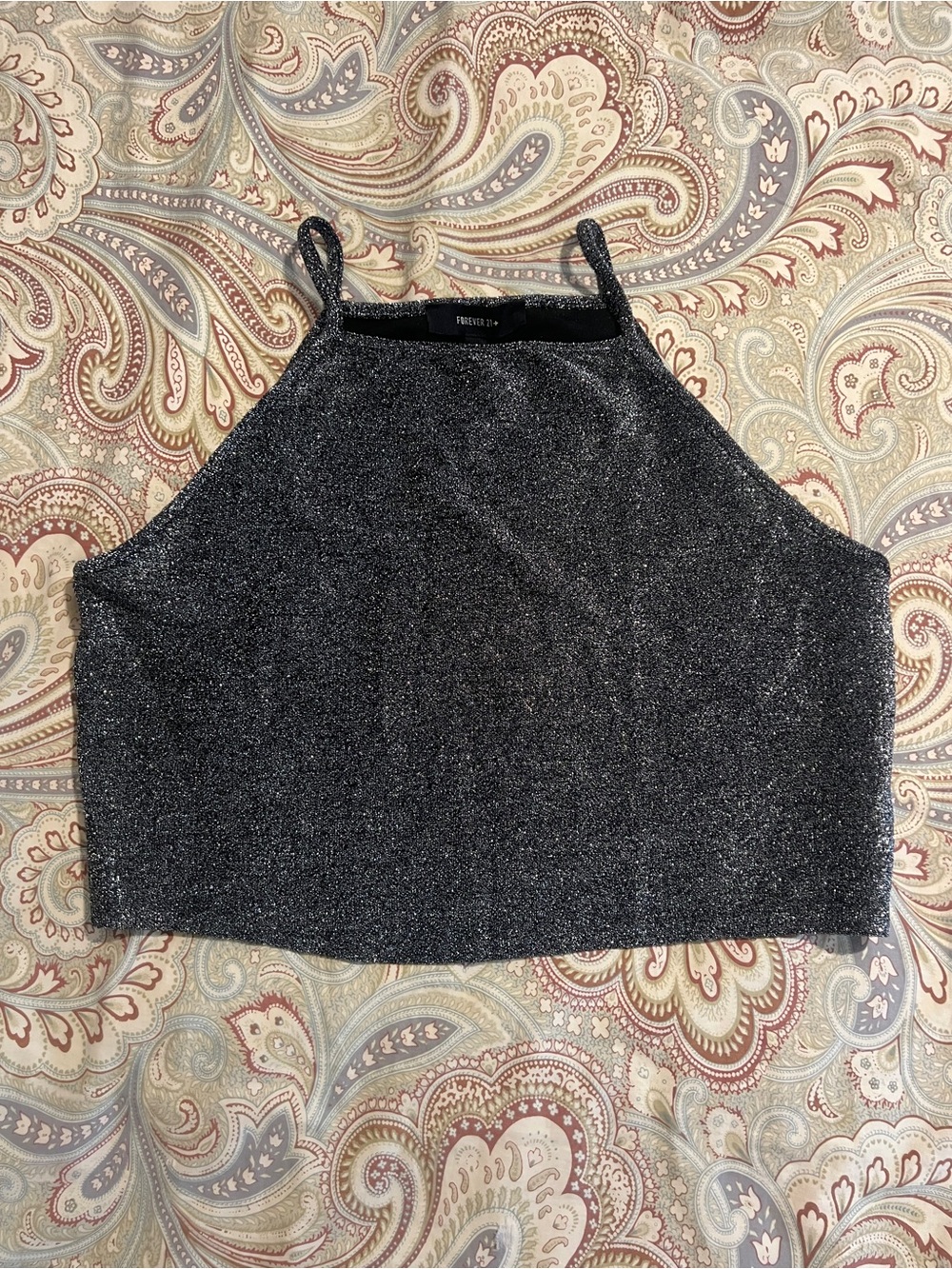 FOREVER 21+ Silver‎ Metallic Glitter Halter Crop Top 1X